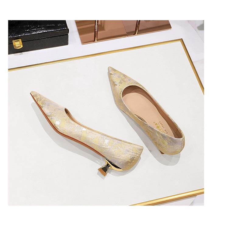 Women's Shoes Versatile Low 3cm Heel Shallow Mouth Pointed Flower Cloth Surface Spring Autumn New Women's Shoes DS-230-19