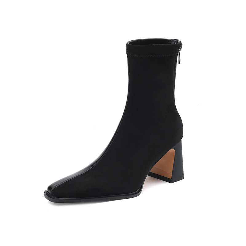 Krazing Pot Зимние ботинки из флока из микрофибры с квадратным носком, эластичные ботинки без шнуровки на высоком толстом каблуке, женские ботильоны