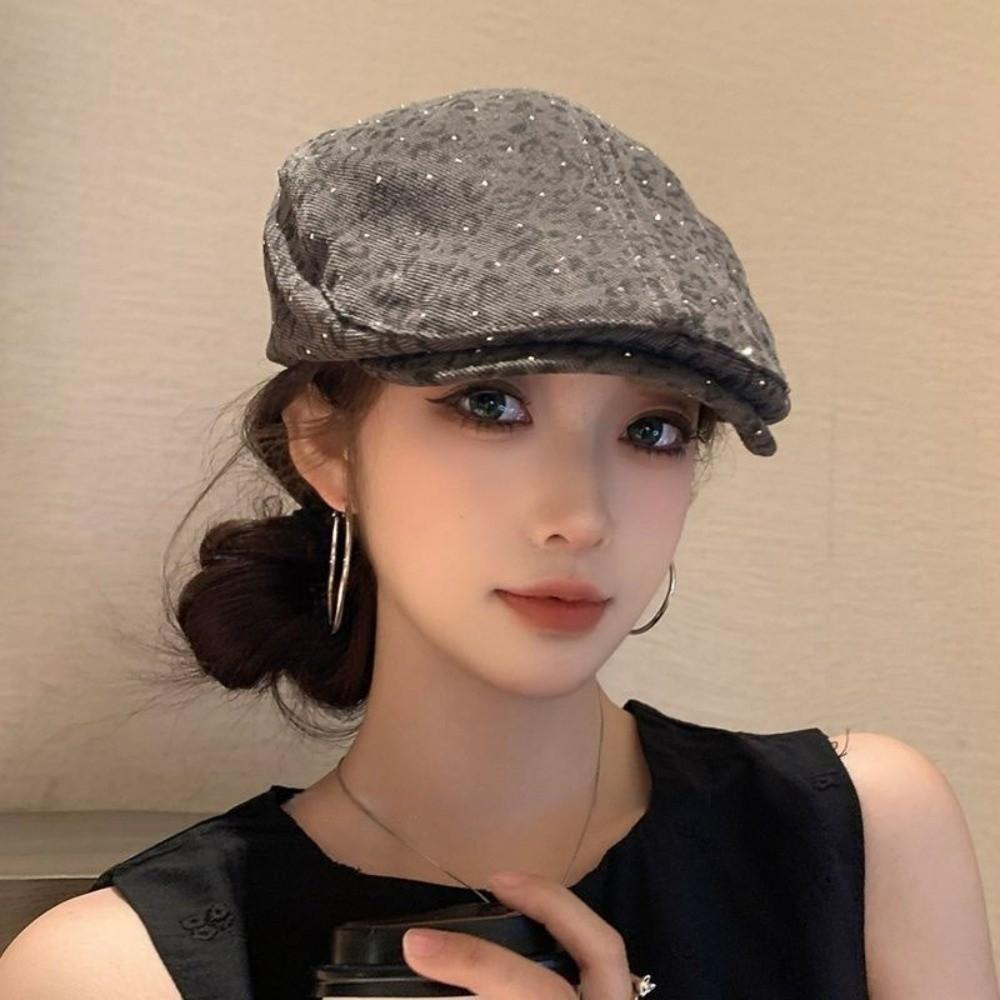 Rhinestone Leopard Print Beret Flat Painter Cap Fashion Leopard Newsboy Cap  Outdoor