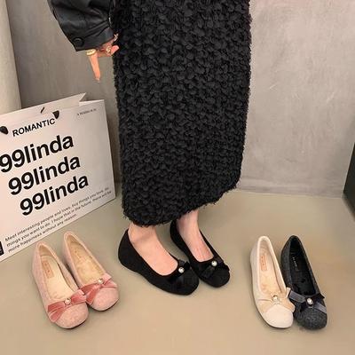 Вечерние туфли с ветром, французский бантик, внутренняя высота, бархатные одинарные туфли, пушистые туфли, осенне-зимние, женские туфли в стиле Сяосянфэн, с юбками