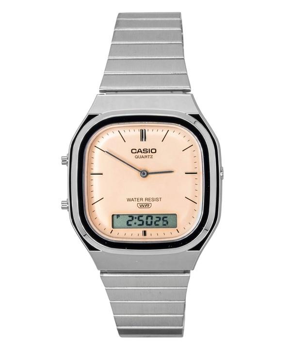 Casio Винтажные аналогово-цифровые часы AQ-240E-4A с оранжевым циферблатом из нержавеющей стали, кварцевые, унисекс