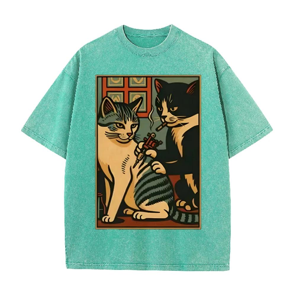 2026 Vintage Tattoo Cat Retro Art Print Beige Washed T Shirt Funny Animal Tattoo Shop Casual Oversized Unisex Short Sleeve Stree