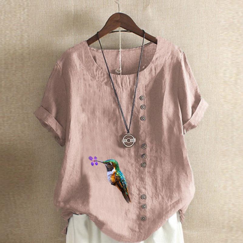 Women's Fashion Bird Prined Round Neck Short Sleeve T-shirt Casual Cotton Linen Graphic Shirt Leisure Loose Summer Blouse Tops