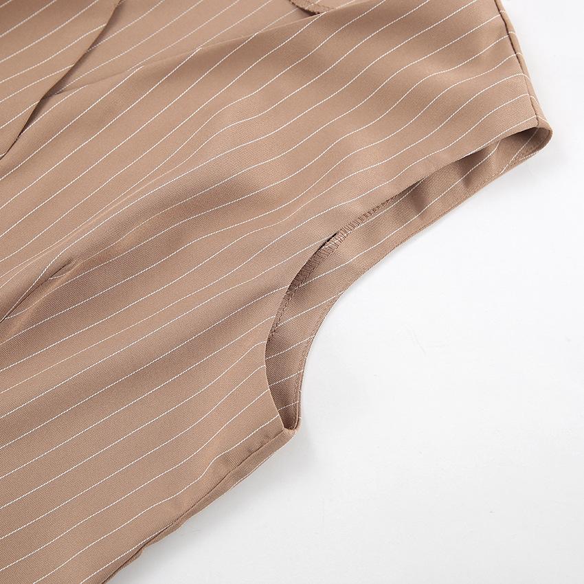 Brown Retro Style Sleeveless Striped Vest, Long Pants Set, Autumn Two-piece Set For Women
