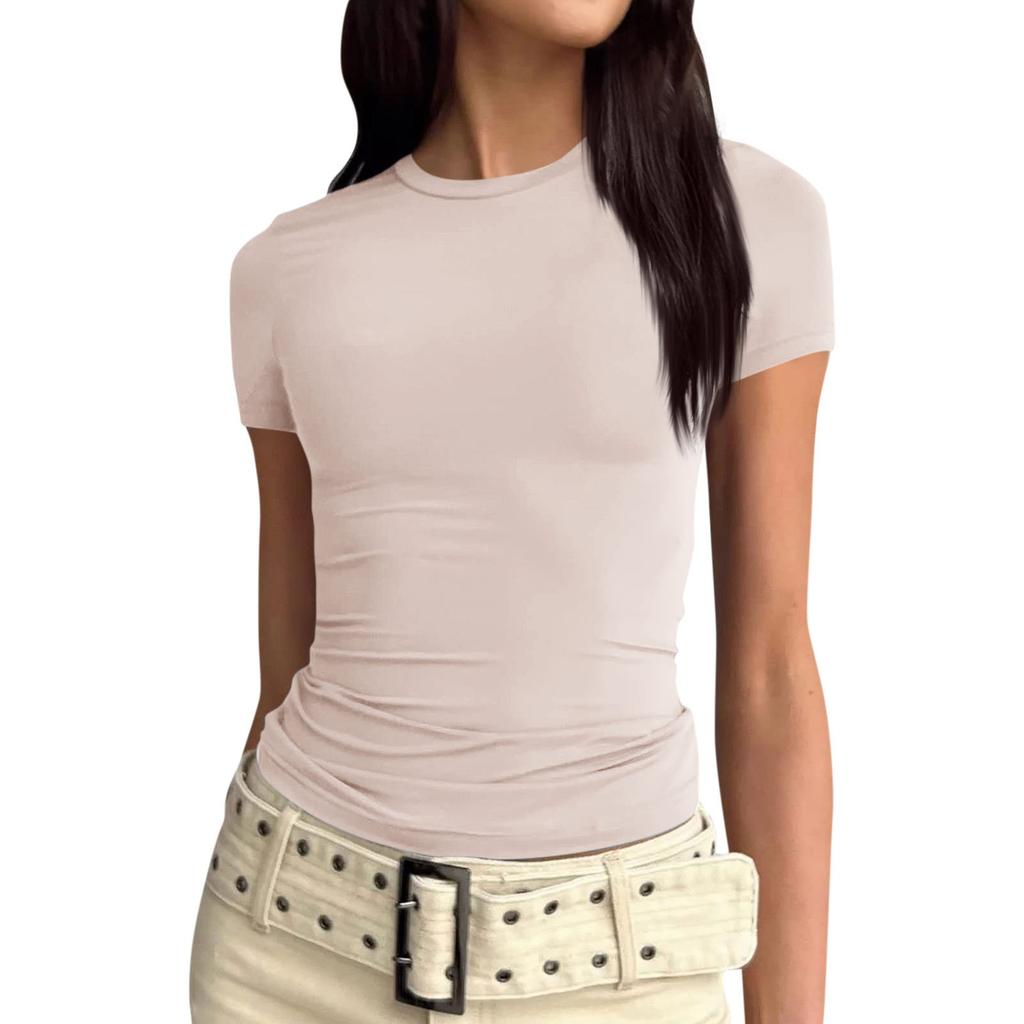 Women Short Sleeve Soild Sexy Cute Tee Slim Fit Tight Crop-Top T Shirt