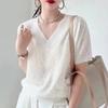 Элегантная рубашка с v-образным вырезом и короткими рукавами, летняя кружевная блузка из ледяного шелка, свитер, женские повседневные открытые топы, женская свободная футболка 26294