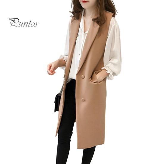 Осень-весна женский жилет с отложным воротником двубортный свободный без рукавов до колена карманы кардиган сплошной цвет повседневная одежда жилет пальто