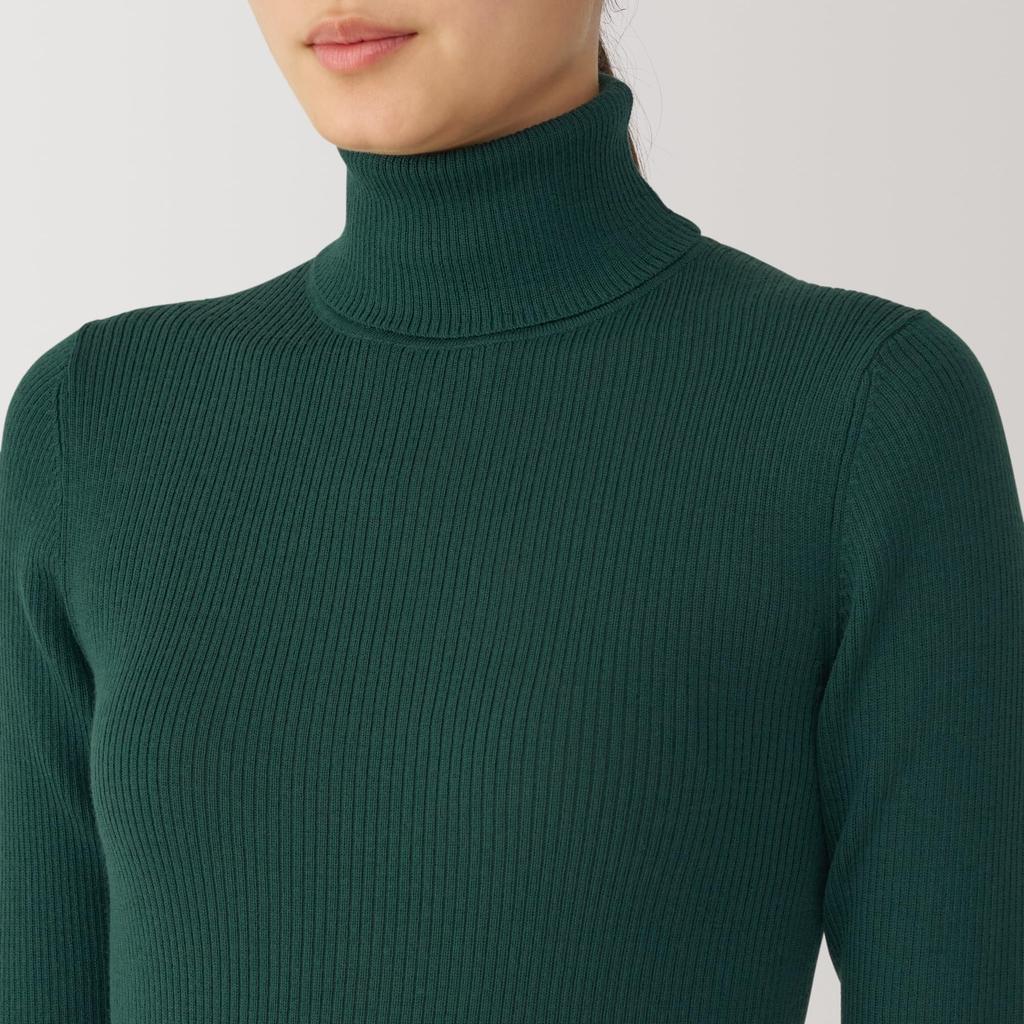 MUJI Washable Wool Rib Turtleneck Dark Size BA1OXA4A Women's High-Gauge Sweater, Green, M,