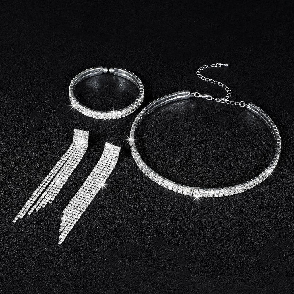 Роскошные высококачественные 2 ряда сверкающих бриллиантов, ожерелье, серьги, браслет, 3 предмета, набор модных свадебных украшений, аксессуары для платья