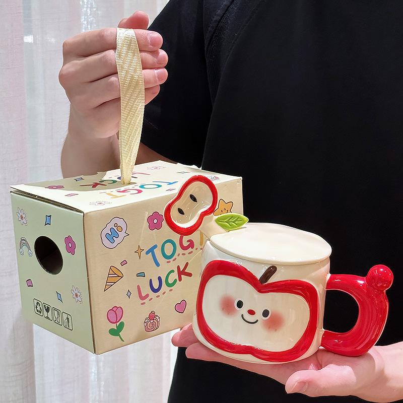 Cute Apple Ceramic Mug with Lid Spoon Men and Women High Looking Couples Office and Household Drinking Water Birthday Gift
