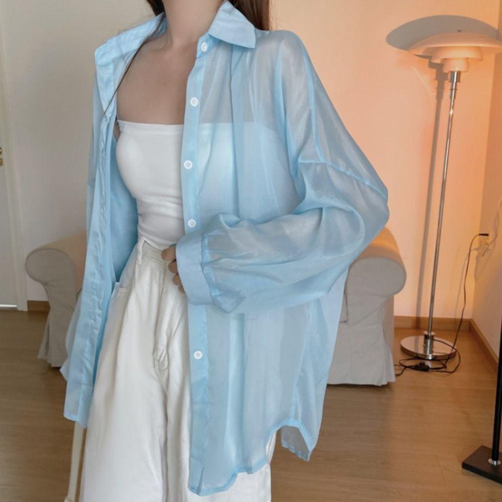 Chiffon Women Shirt Blouse Solid Color Female Loose Cardigan Casual Long Sleeve Top