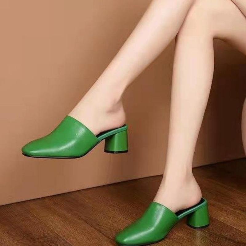 Fashion Baotou Half Slippers Women Summer New Outer Wear Fashion Solid Color Square Toe Thick Heel High-heeled Women's Slides Pantuflas
