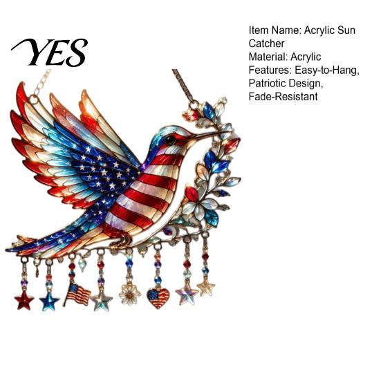 Red White Blue Sun Catcher Patriotic Hummingbird Catcher, 250th Anniversary Fourth of July Bird Wall Hanging Decoration, Stars And Stripes Suncatcher