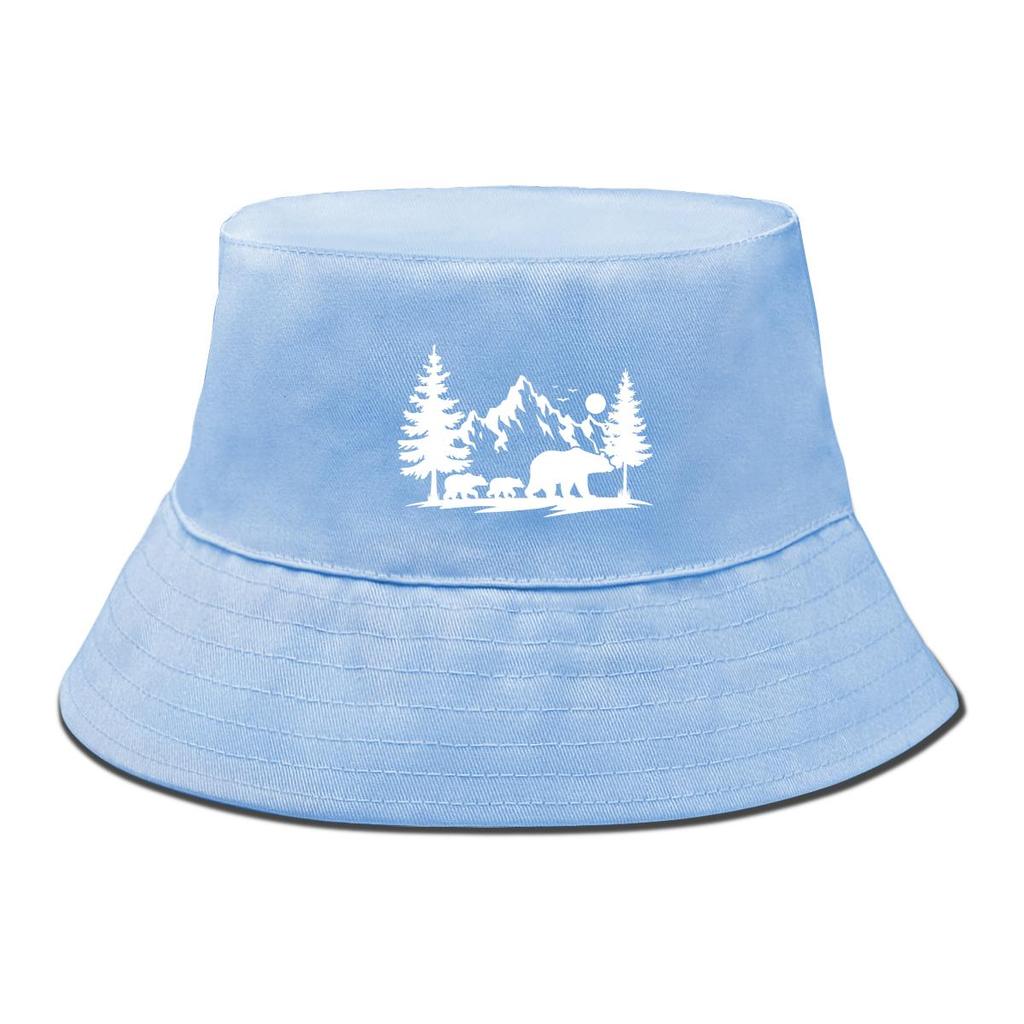 Bucket Hat With White Forest Mountains Print , Animal Fisherman Hat Solid Color Beach Simple Beach Cap