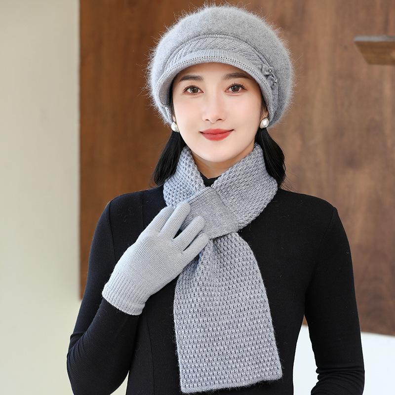 Elegant Winter Beanie for Women - Cozy Knit with Floral Accent, Perfect for Middle-Aged & Elderly, Stretch Fit, Hand Washable
