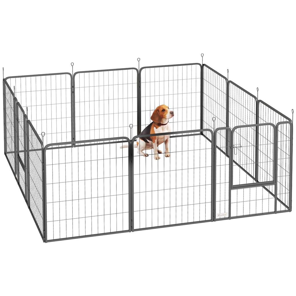 12-Panel Modular Dog Playpen, 68x1.5x80cm, Black Steel, with Entrance Door