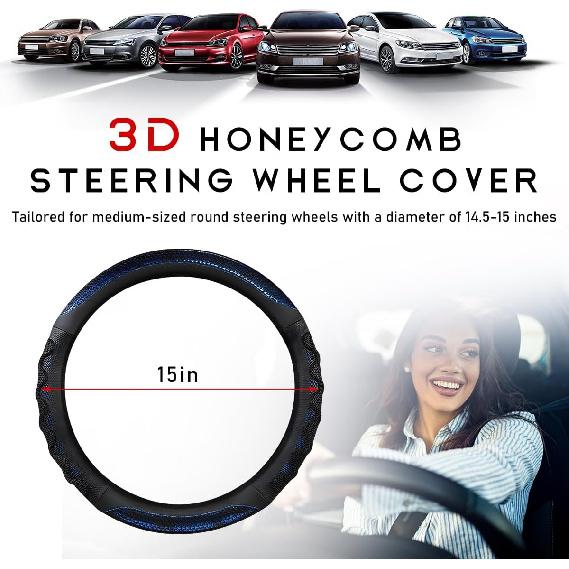 Car Steering Wheel Cover, 15 Inches 3D Honeycomb Design Car Steering Wheel Protector With Comfy Grip, Breathable Anti-Slip D-Shaped Steering Wheel