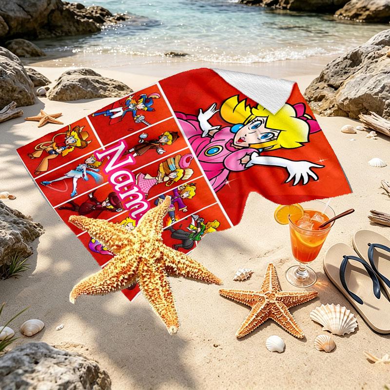 Custom Name Personalized Princess Peach Toadstool Print Beach Towel, for Trip Camping Beach Party Home Decor, Birthday Gift for Family & Friends