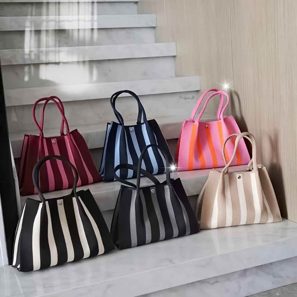 Новая сумка-тоут с вязаным полосатым дизайном color-blocking, вместительная сумка для женской通勤