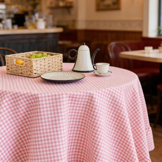 Tablecloth Farmhouse Style Plaid Pattern Ruffled Edge Tablecloth Round Shape Soft Cotton Linen Fabric Cloth Table Cover