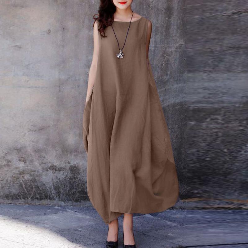 ZANZEA Women Daily Casual Cotton Dress Summer O-neck Sleeveless Loose Long Dress