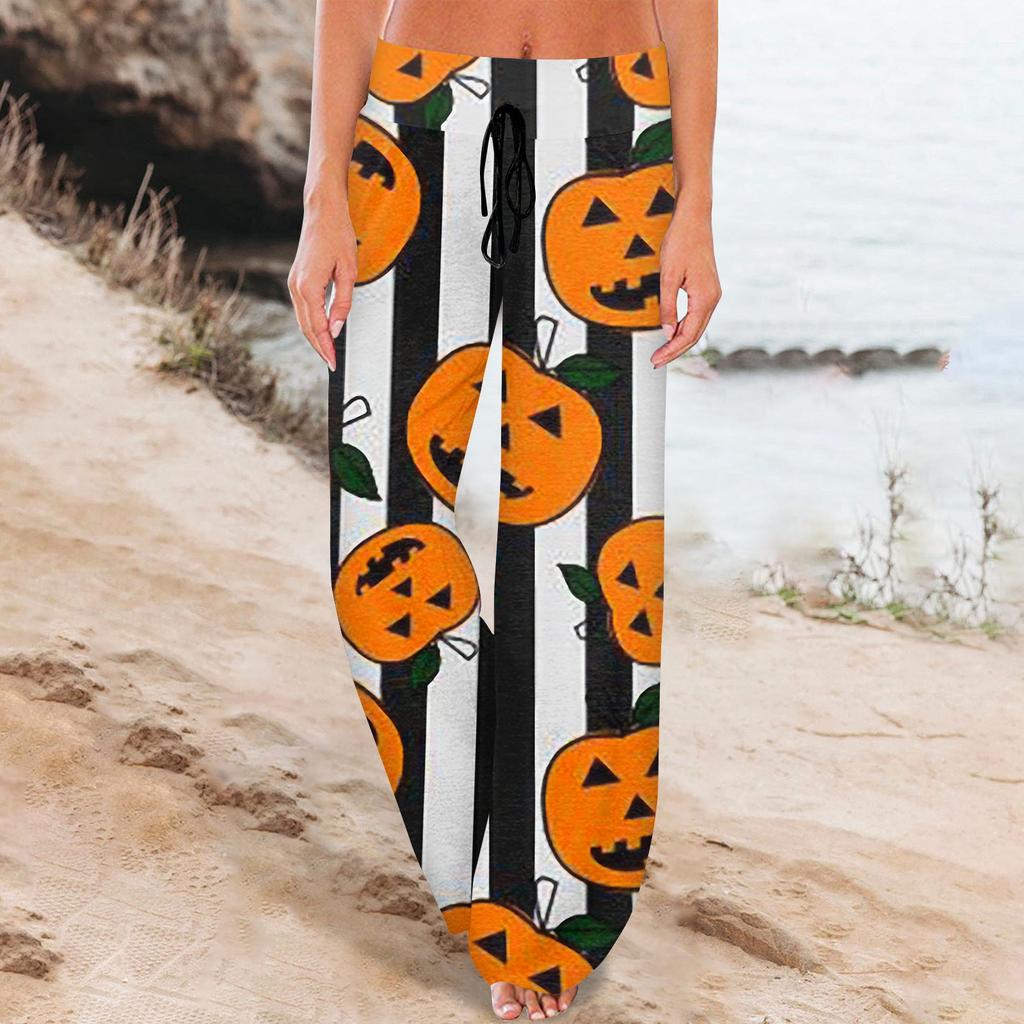 Женские удобные пижамные штаны с карманами на Хэллоуин и принтом на шнуровке, широкие брюки