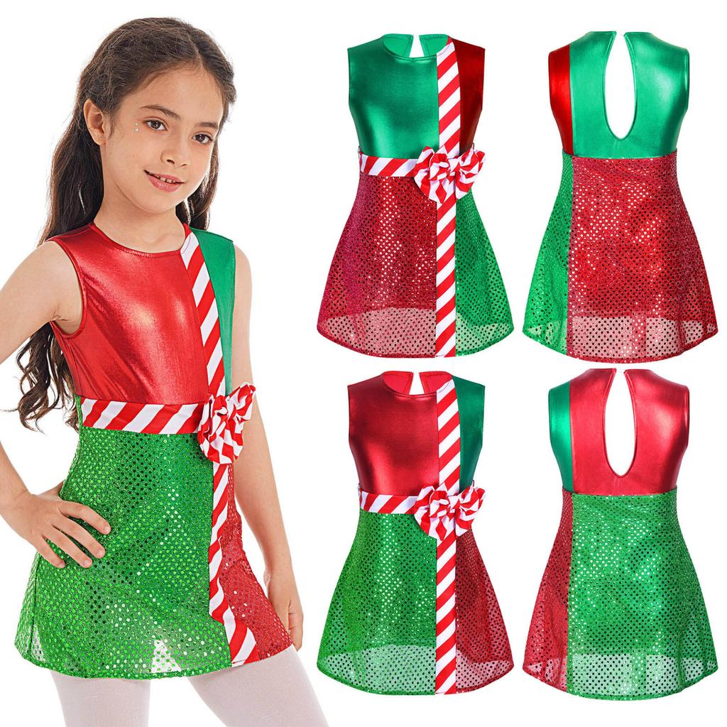 Kids Girls Sleeveless Striped Color Block Dance Leotard Dress Christmas Dress Up Party Costumes