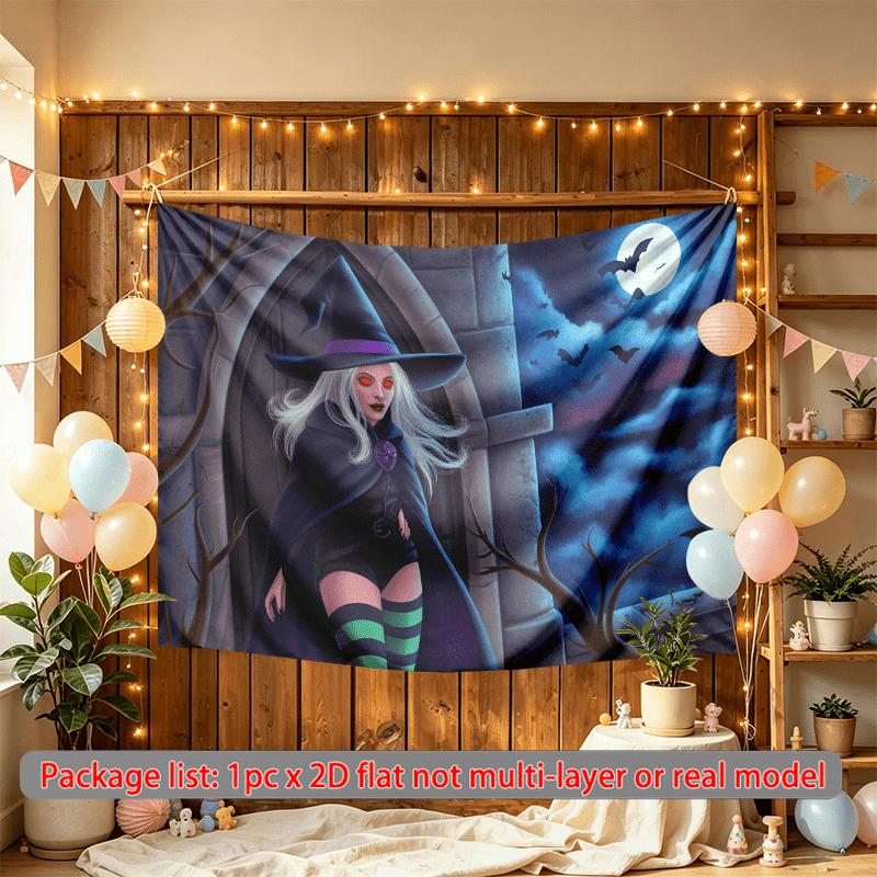 Home Moon Witch Halloween Banner for Party Decor, Polyester Backdrop for Photo Booth & Wall Art