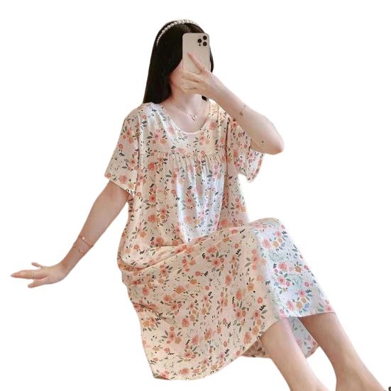 Женская ночная рубашка свободного покроя с цветочным принтом, круглым вырезом, плиссированная, с короткими рукавами, длиной до колена, домашняя одежда, повседневное платье миди, женская ночная рубашка, платье миди