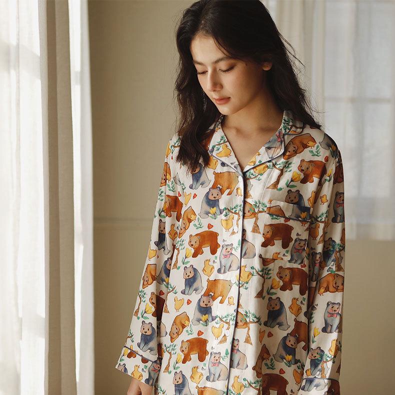 New product Tianzhu fiber double-layer gauze cute pet printing lapel pocket long-sleeved pajama set loungewear