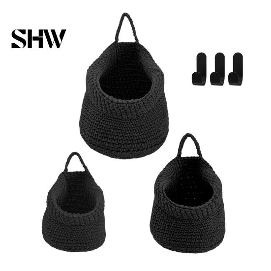 Space Saving Wall Decor 3PCS Woven Hanging Storage Bag, Natural Cotton Rope Fruit Baskets, Handmade Crochet Plant Pocket Boho Multi-functional Basket