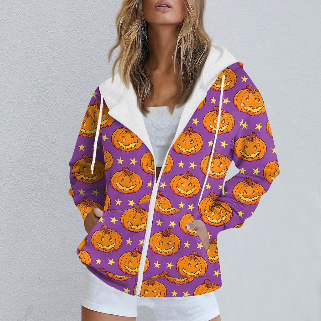 Женская повседневная спортивная одежда с принтом на Хэллоуин, осенне-зимняя куртка с капюшоном и длинными рукавами, с карманом на молнии