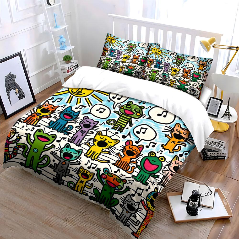 Fun Animal Choir Drawing Print Bedding Set 1 Duvet Cover 2 Pillowcases for Adult and Children Luxury Gift Full Size