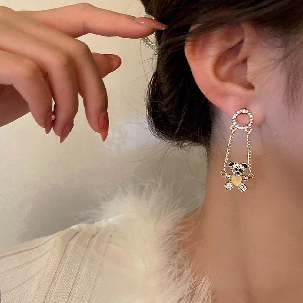 Silver Needle Rhinestone  Round Korean Style Bear Dangle Earrings Women Earrings Ear Studs