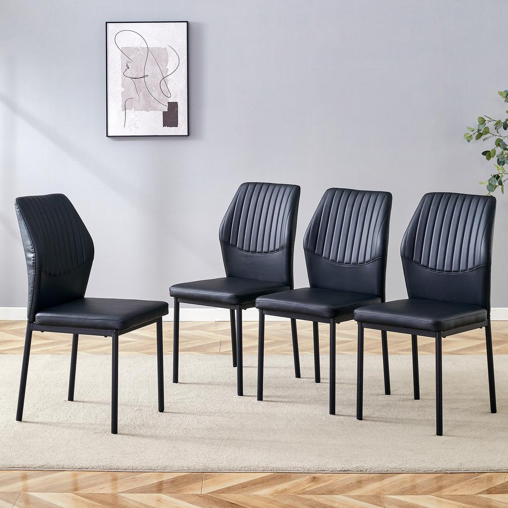 [Set of 4] Dining Chairs, Light Luxury: Black PU Backrest with Vertical Embossing + Black Metal Legs. For Dining Room or Living Room.