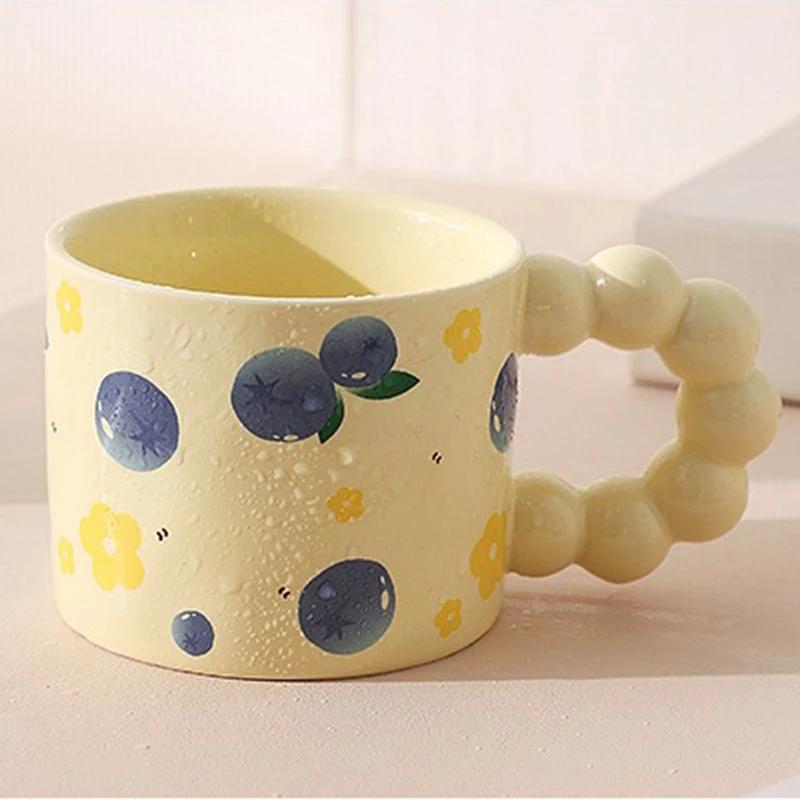 330ML Japanese Style Ceramic Coffee Cup Cute Fruit Pattern Milk Tea Cup Water Mug with Anti-slip Handle Coffee Cup Birthday Gift
