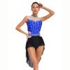 Women Lyrical Dance Dress Mock Neck Sleeveless Backless Shiny Rhinestones Color Block Mesh Skirted Leotard