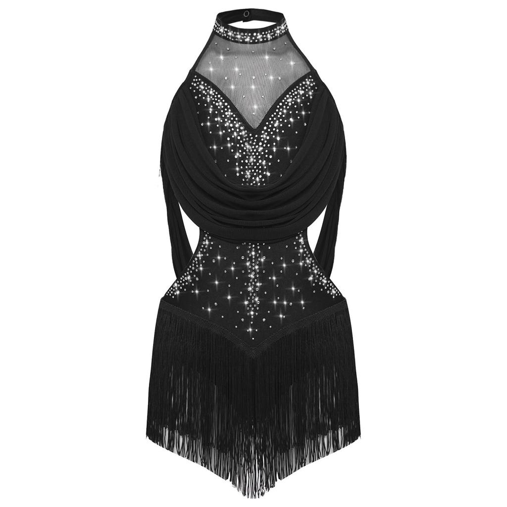 Girls Latin Dance Leotard Ruched Mesh Drapes Cutout Tassel Design Glittery Rhinestones Costume