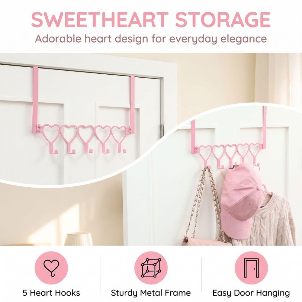 Pink Towel Rack Iron Heart Shaped Hooks Space Saving Over the Door Hanger Home Bedroom Bathroom