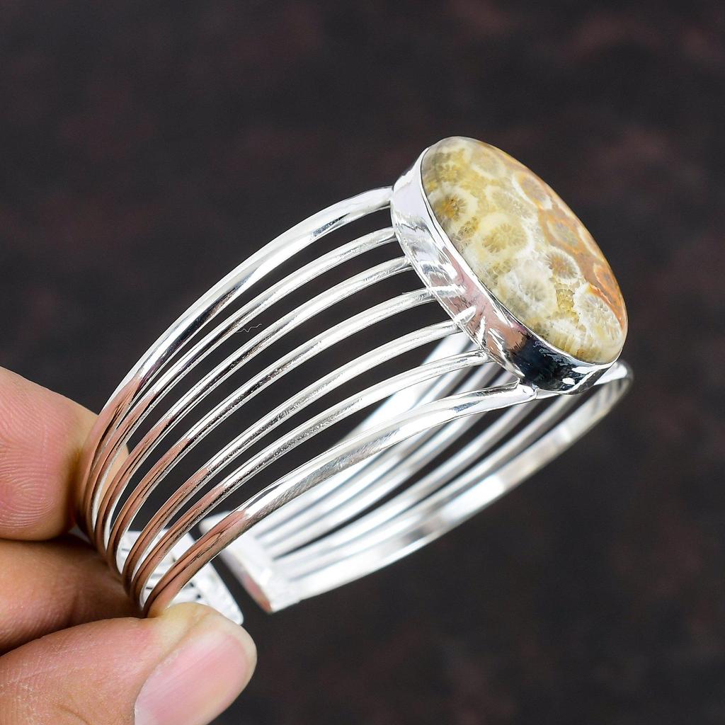 Браслет из ископаемого коралла, регулируемый браслет-манжета, серебряный браслет 925 пробы, ювелирные изделия ручной работы, очень красивый браслет-манжета с драгоценными камнями, подарки для матери