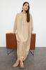 Women's Style Hijab Kimono Robe Beige Accessory Piping Detailed Woven Kaftan Dress