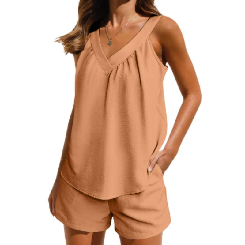 Женский однотонный свободный пуловер с v-образным вырезом, повседневный топ без рукавов с карманами, шорты, комплект