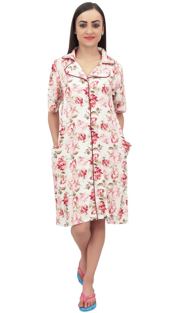 Bimba Short Sleeve Floral Print Off White Sleepshirt Women's Sleepwear Dress -
