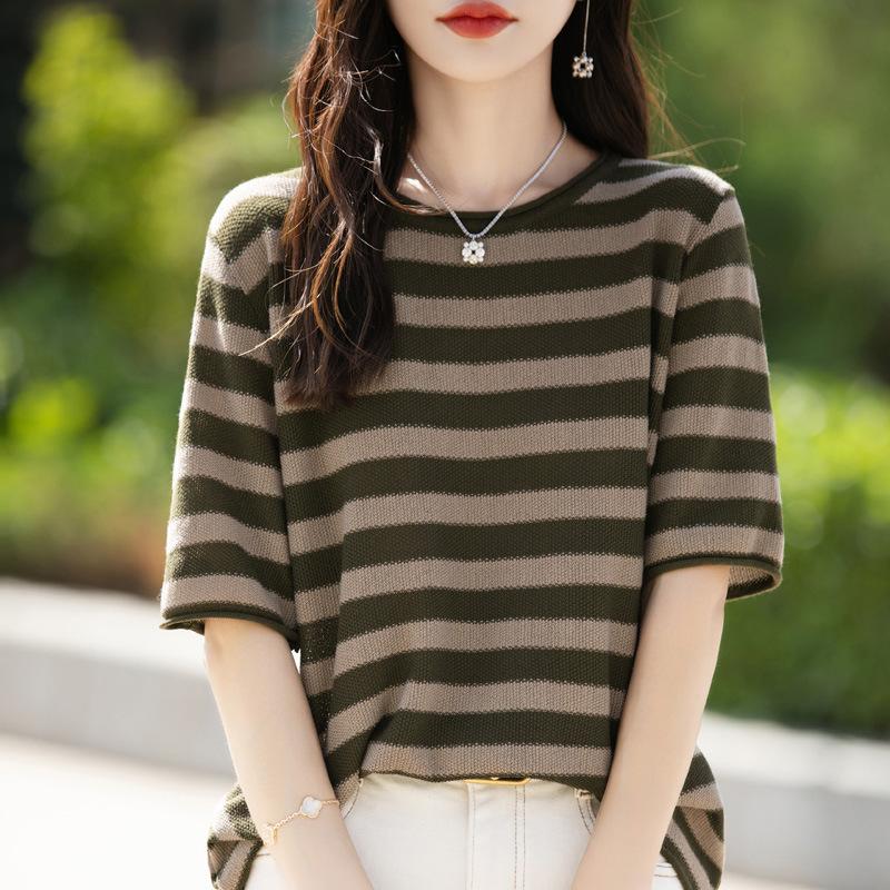 Pure Cotton Crew Neck Striped Stylishable Versatile Contrasting Color Age-reducing Short-sleeved Summer Latest Everyday Top