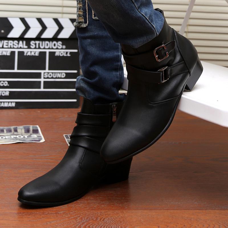 Autumn Men's Plus Size Pointed Toe Leather Ankle Boots - British Style Formal Casual High Top Shoes