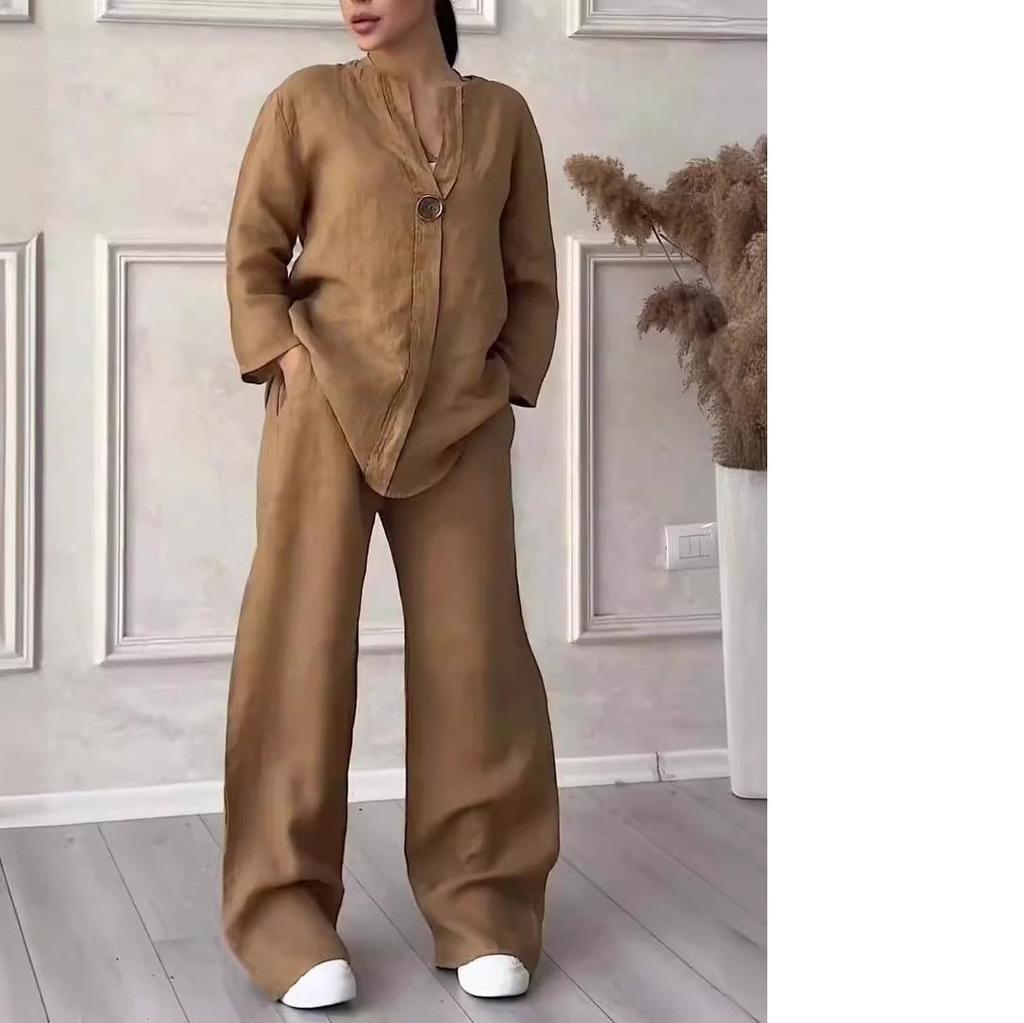 Cotton Linen Sets Two 2 Pieces Sale Casual Long Sleeve Button Loose Blouse Shirt&High Elastic Wide Leg Loose Pant Suits