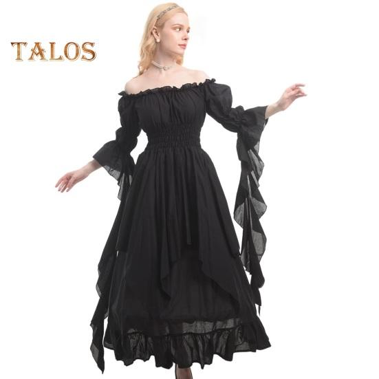 Women Ball Gown Off Shoulder Gothic Long Horn Sleeves Irregular Layered Pleated Elastic Tight Waist Solid Color Retro Renaissance Party Prom Maxi