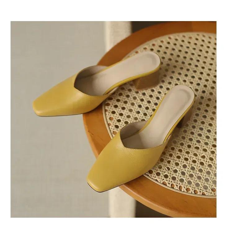 Летние женские полутапочки Baotou без шнуровки, однотонные женские мюли с квадратным носком на толстом высоком каблуке, Zapatillas Mujer