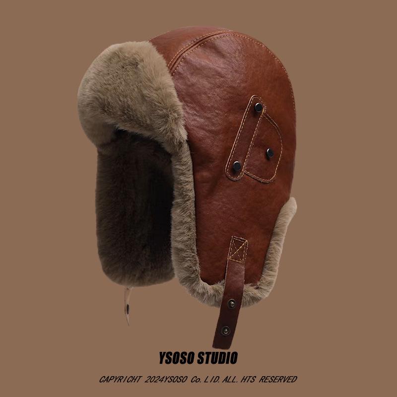 Retro Leather Lei Feng Winter Aviator Hat - Unisex Warm Fleece-Lined Ski & Cycling Ear Protection