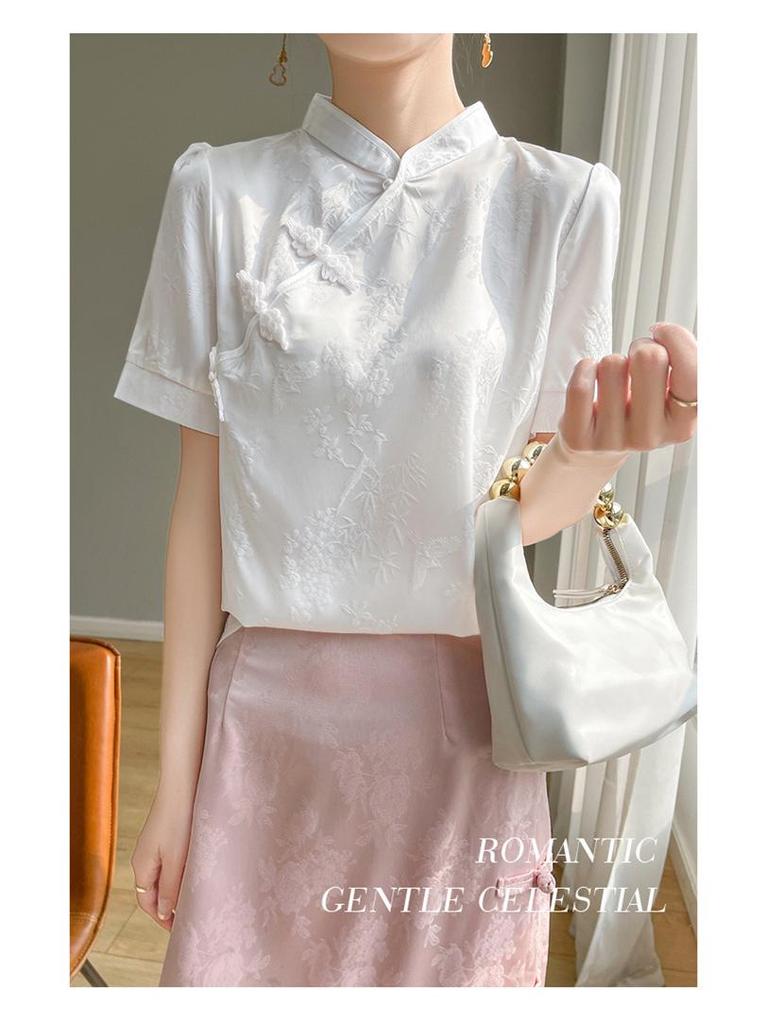 Женская атласная футболка с китайской застежкой-лягушкой: Короткий рукав, воротник-стойка, ретро-стиль